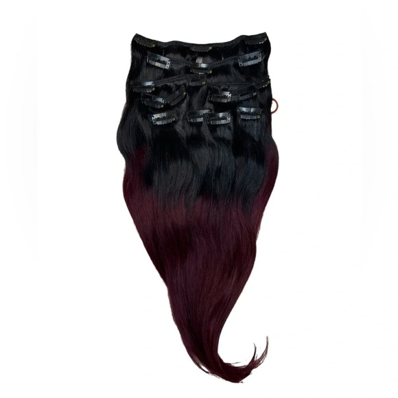 100% Human hair 16 Inches Clip in Hair extensions Balayage Black & Red 1B/ 99J - Picture 3 of 6